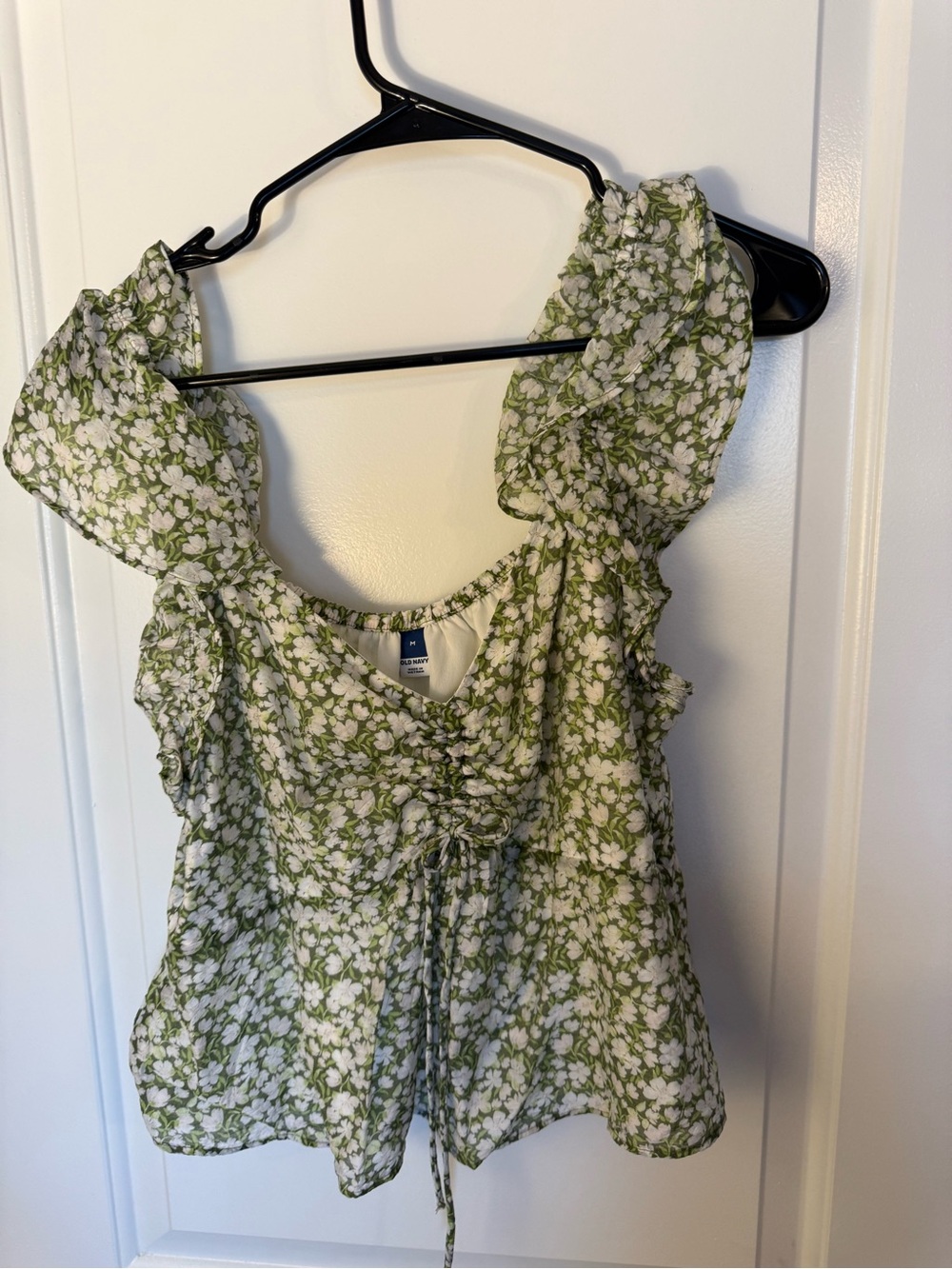 Old Navy Green and White Floral Tie-Front Ruffle Sleeve Top
